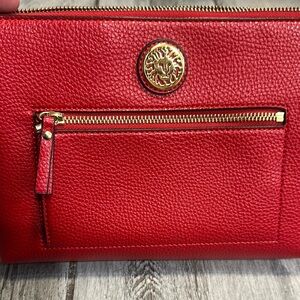 Anne Klein Red Pebble Cross Body bag  w/Gold Accents and Polkadot Lining